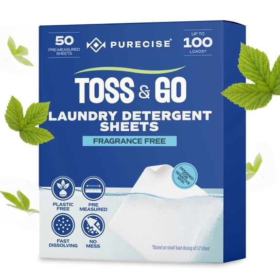 Purecise Toss & Go Laundry Detergent Sheets, Fragrance Free, 50 Count, Up to 100 Loads, Pre-Measured, Plastic-Free Packaging, HE Compatible