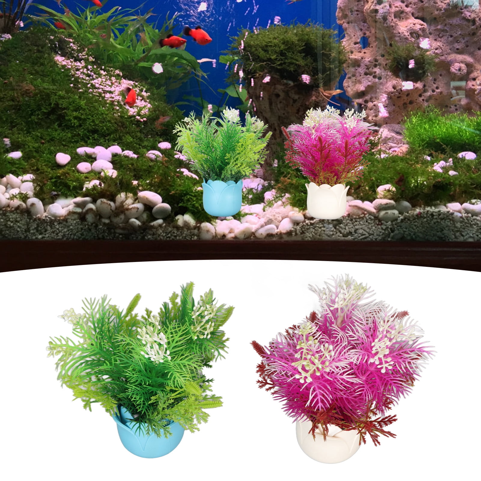 Rupoun 2pcs Artificial Aquarium Plants Silicone Flowers Resin Fish Tank Decoration Glow in the Dark Plant Ornament, 14.96 inches / 38 cm