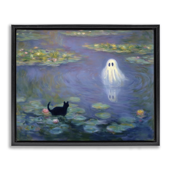Water Lilies with Ghost & Kitty Black Framed Floater Canvas Wall Art, design by Arlington Prints