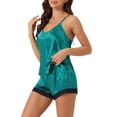 thumbnail image 4 of Conjunto de pijamas de satén para mujer INSPIRE CHIC, camisón sin mangas con tirantes tipo racerback y pantalones cortos con encaje, conjuntos de lounge de seda M verde, 4 of 6