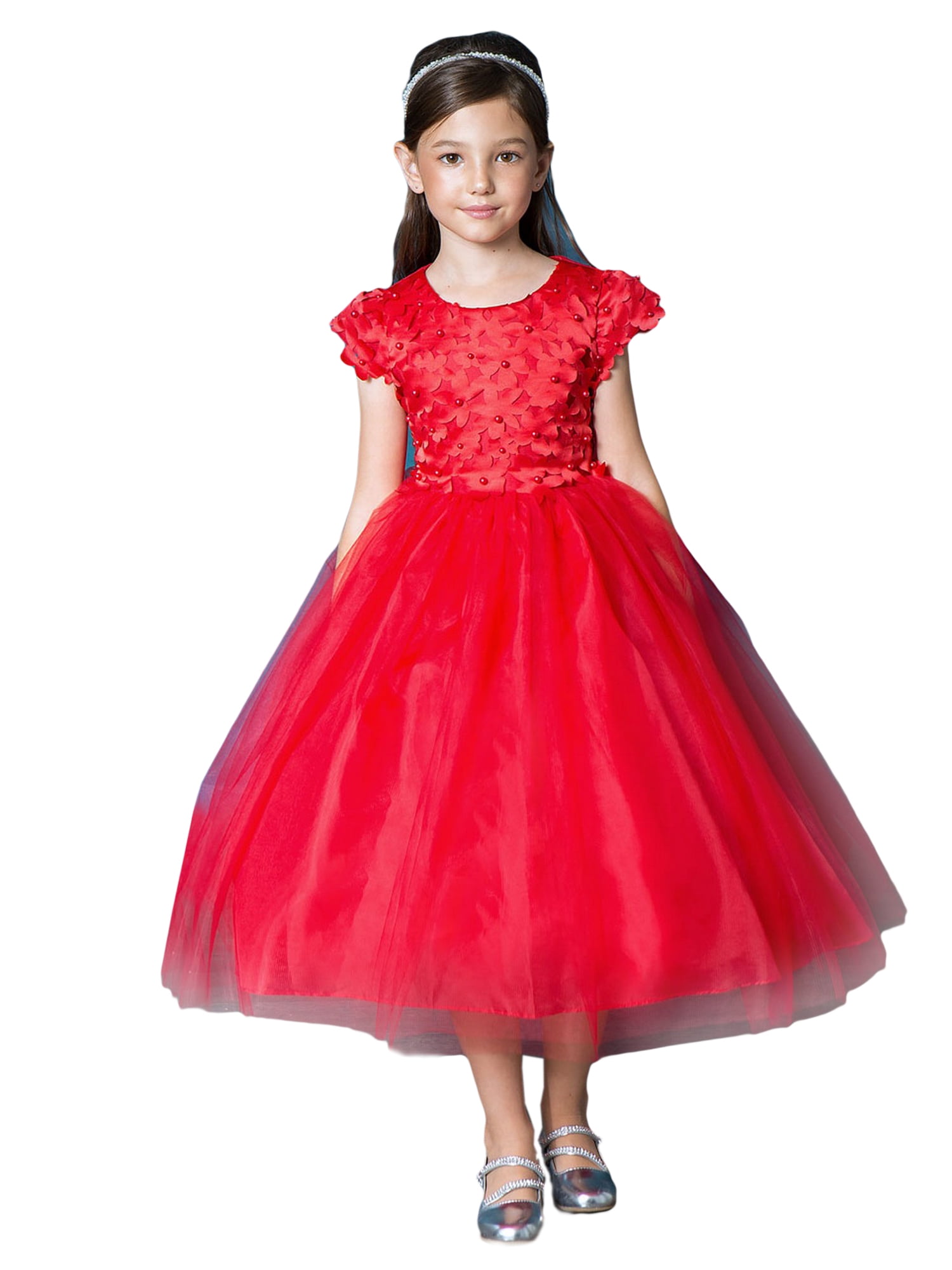 Calla Collection - Red Floral Pearl Cap Sleeves Tulle Flower Girl ...