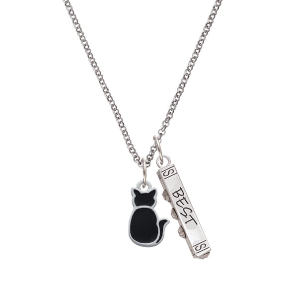 Delight Jewelry Silvertone Large 2-D Black Cat Back Silvertone Best Friends Forever Bar Charm Necklace, 23"