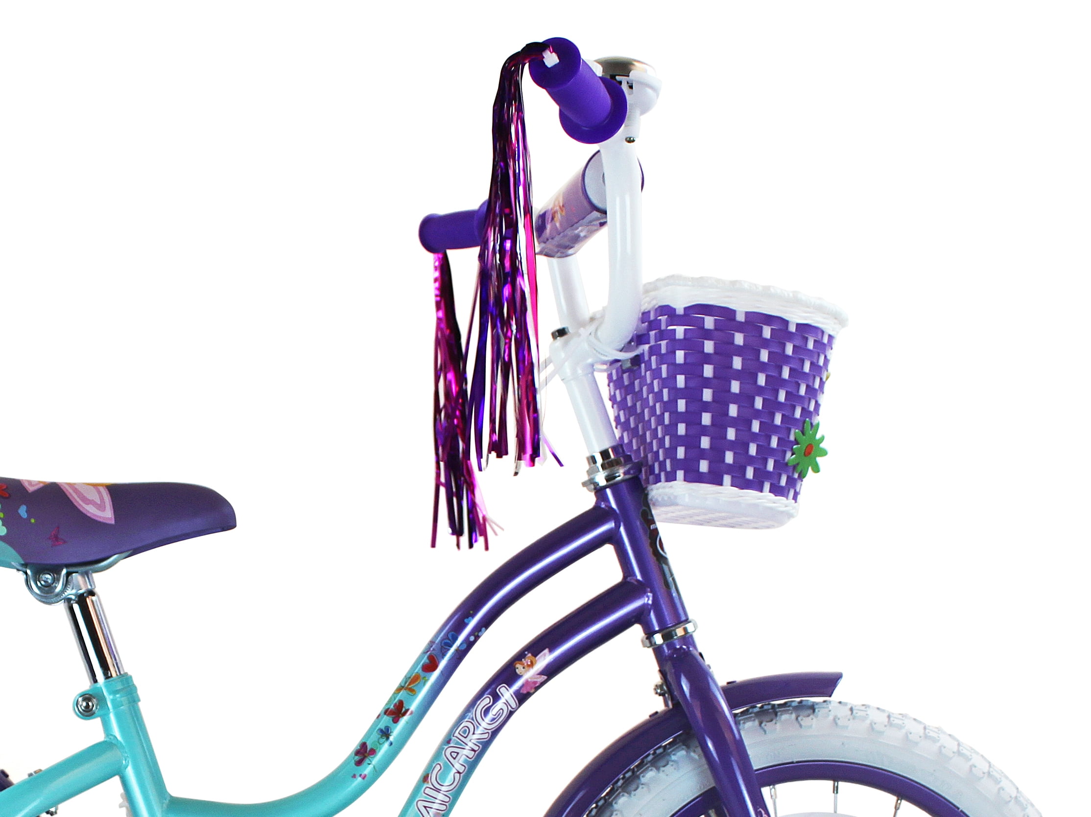 PlayWorld 16" Cruiser Steel Frame Bicycle Coaster Brake One Piece Crank, White Full cover Chain cover, Purple Baskets, Fenders & Rims, White Tire, Frame Kid's Bike - Baby Blue/Purple