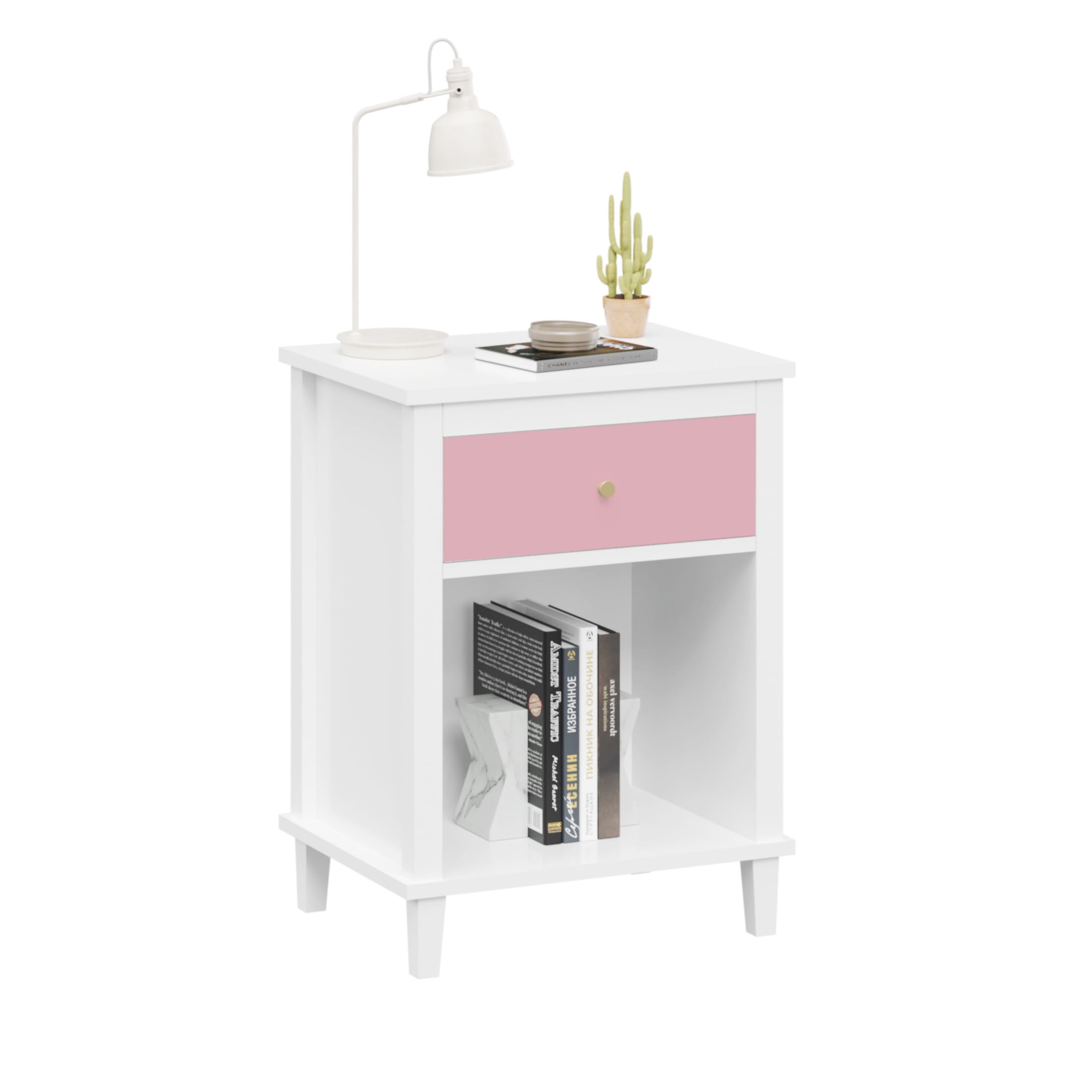 Noble House 26.8" Kids and Adults Wooden Nightstand, 1-Drawer  Bedside Table with Shelf, Silver Handle, White & Pink