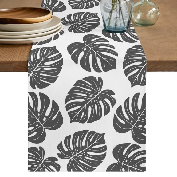 Black Monstera Leaf Table Runner 70 Inches Long,Tropical Plant Foliage Botanical Boho Cotton Linen Table Runners Dresser Scarves,Fabric Tabletop Scarf Furniture Cover for Home Dinner Party 13"x70"