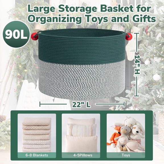 YUYAN-Large Storage Basket 22" x 14", Woven Baby Storage for Blanket Living Room, Laundry Organizer for Clothes, Toys, Christmas Basket for Gifts, Green