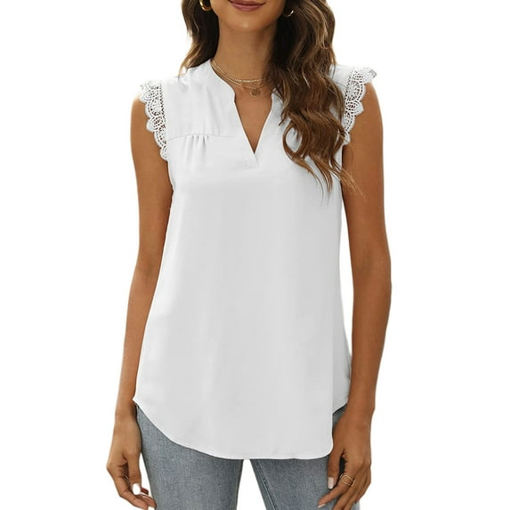 Qmyliery Women Summer Tank Tops, Sleeveless Plain/Flower/Leaves V-Neck Lace Shirts