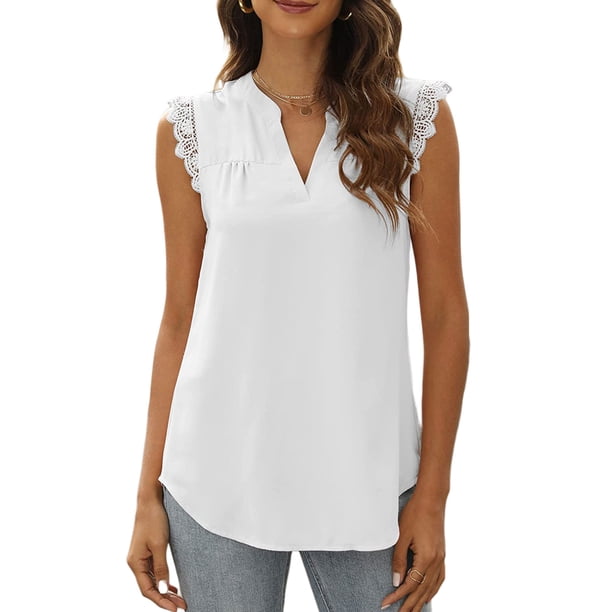 Txlixc, camisetas sin mangas de verano para mujer, sin mangas, lisas/flores/hojas, camisas de encaje con cuello en V, chaleco informal suelto para mujer Txlixc Estilo de ocio