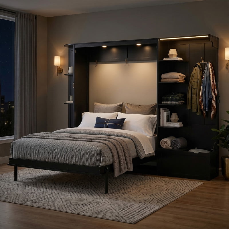 Queen Murphy Bed with Shelves, Coat Hook & Hidden Storage Cabinet, Space-Saving Wall Platform Bed with Built-in Lights