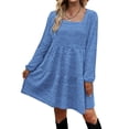 thumbnail image 2 of Vestido de manga larga con cuello cuadrado, Color puro, diseño escalonado, manga abombada, vestido tipo túnica de verano para fiesta y oficina, 2 of 6