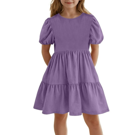 XQYLOS Girls Everyday Casual Dress Soft Cotton O-Neck Short Sleeve Solid Color Outfit for School Playdates Ages 5-15 Years Comfortable Breathable Summer Spring Fall Playwear