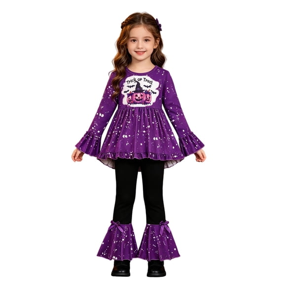 REDARER Girls 2 Piece Halloween Outfit Flare Long Sleeve Peplum Top Bell Bottom Pants Trick or Treat Pumpkin Bat Witch Hat Print Party Set,5-6 Years