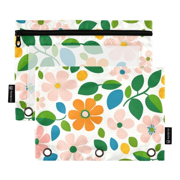 FORMRS 2 Pack Pencil Pouch for 3 Ring Binder with Clear Window Zipper Case, Retro Orange Floral