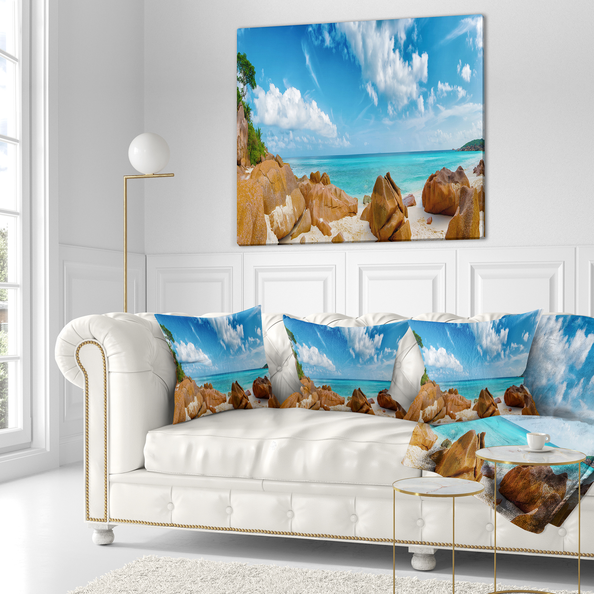 Designart Rocky Seychelles Island Panorama - Oversized Beach Throw Pillow - 16x16