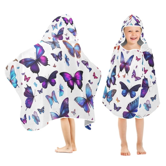 Purple Blue Butterflies Toddler Hooded Beach Towel 24" x 50" Kids Bath Towels Soft Quick Dry for Swim Pool Boys Girls