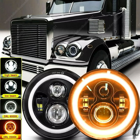 Pair 7'' Round LED Headlights For Freightliner Coronado 2001-2016 Century Class