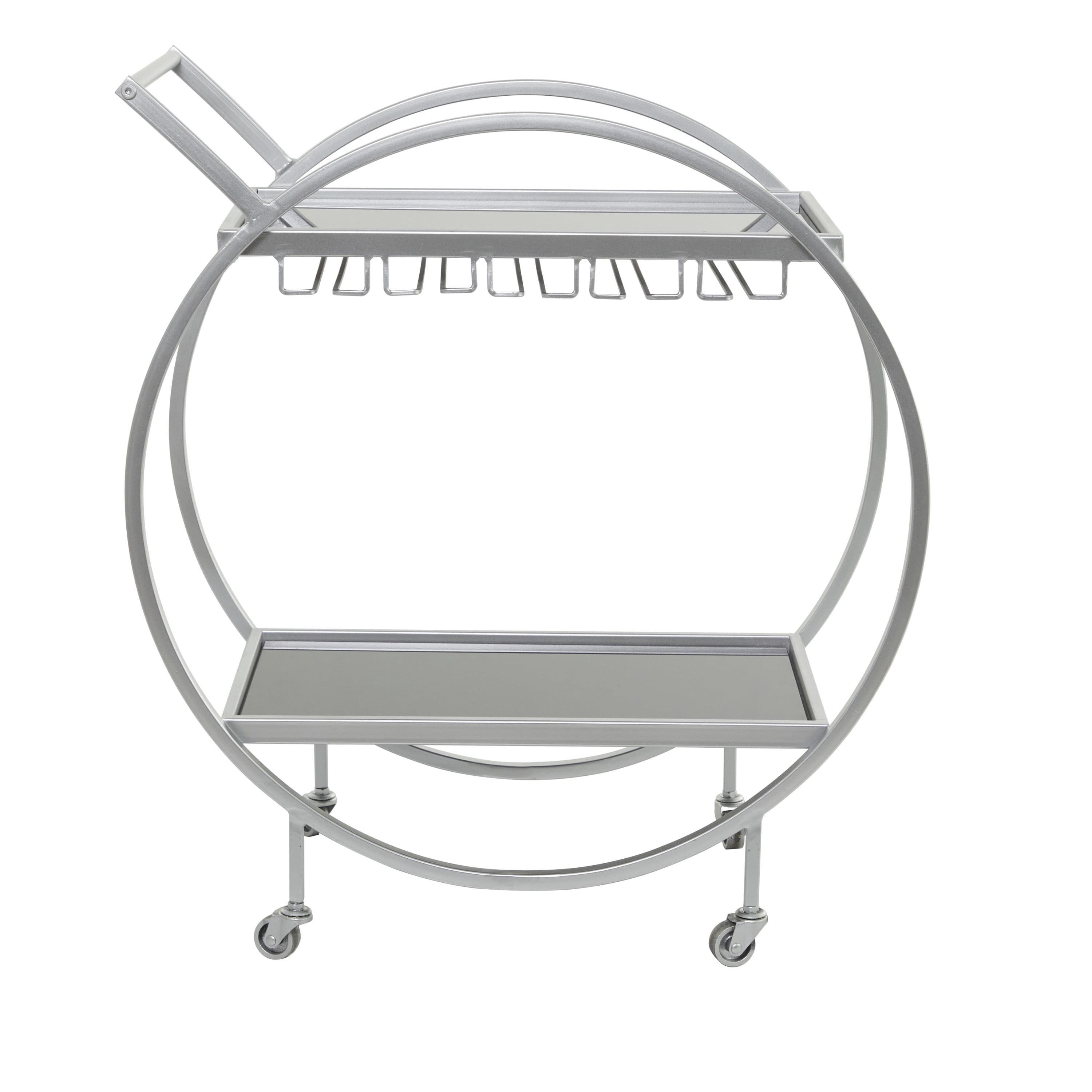 DecMode 28" x 31" Silver Metal Rolling 2 Mirrored Shelves Bar Cart with Wine Glass Storage and Handle, 1-Piece