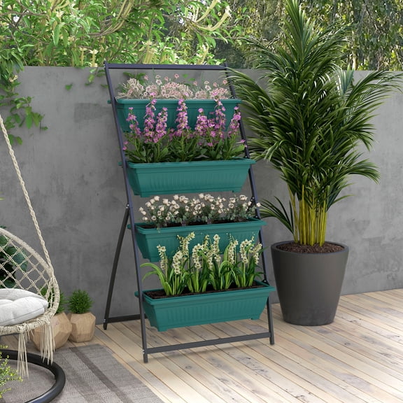 Garden Pots Outsunny Raised Garden Bed, 4 Tier Vertical Garden Planter Set, 4 Outdoor Planter Boxes with Stand, Self Draining Design Elevated Garden for Vegetable, Flowers & Herbs, Green,Outdoor Gard