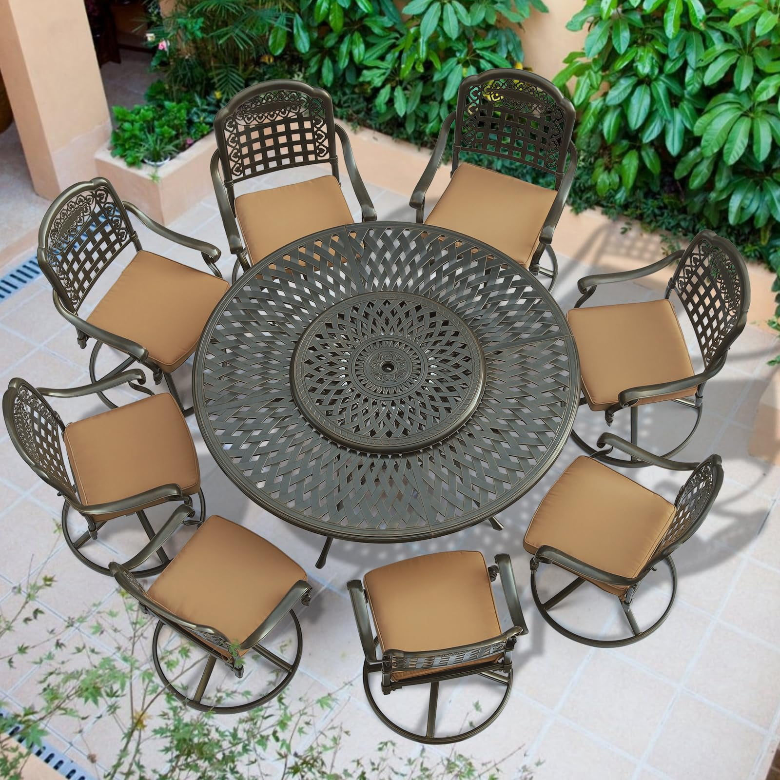 VIVIJASON 9-Piece Outdoor Furniture Dining Set, Rust-Free Cast Aluminum Patio Conversation Set, Include 8 Swivel Dining Chairs & 61" Round Dining Table with 31" Lazy Susan, Umbrella Hole, Khaki