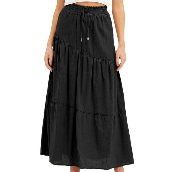 VUPSGEZ Women's Summer Boho Elastic High Waist Maxi Skirt A Line Flowy Swing Ruffle Tiered Long Beach Skirts With Pockets (Black,S)