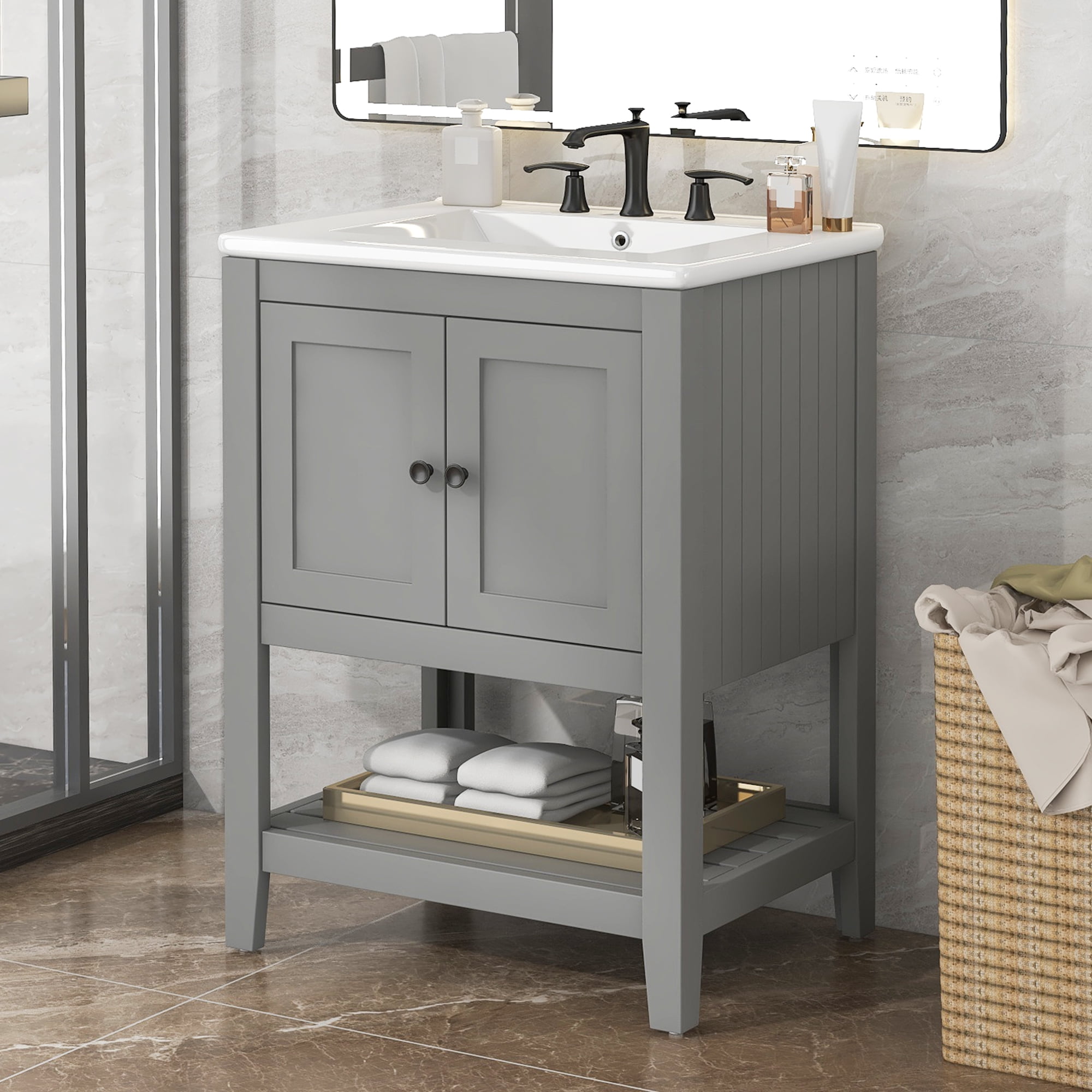 24'' Modern Bathroom Vanity with Ceramic Sink, Solid Wood Frame, Two-Door Cabinet & Open Bottom Shelf