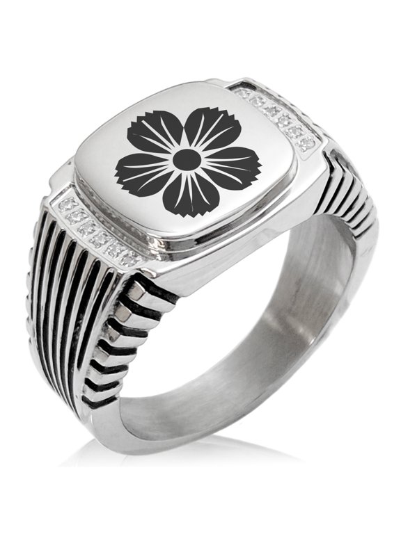 Stainless Steel Saito I Samurai Crest CZ Ribbed Needle Stripe Pattern Biker Style Polished Ring
