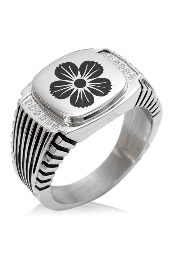 Stainless Steel Saito I Samurai Crest CZ Ribbed Needle Stripe Pattern Biker Style Polished Ring