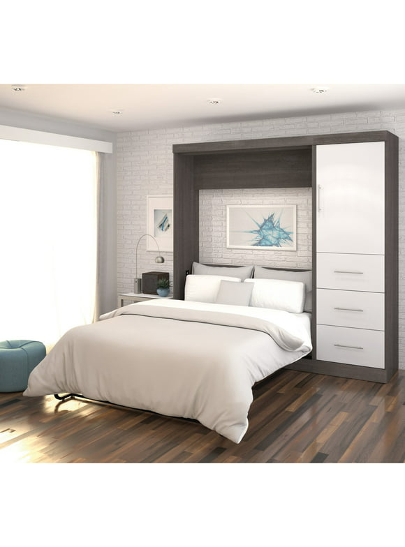 Nebula by Bestar 84" Full Wall Bed Kit with Storage and a Door and 3-Drawer Set in Bark Gray & White