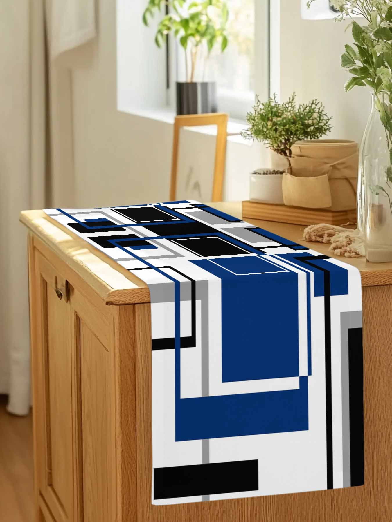 Abstract Geometric Navy Blue Color Block Table Runner 90 Inches Long, Gray Stripe Modern Art Table Runners Tabletop Scarf Kitchen Dining Tables Decoration for Home Party Indoor Outdoor