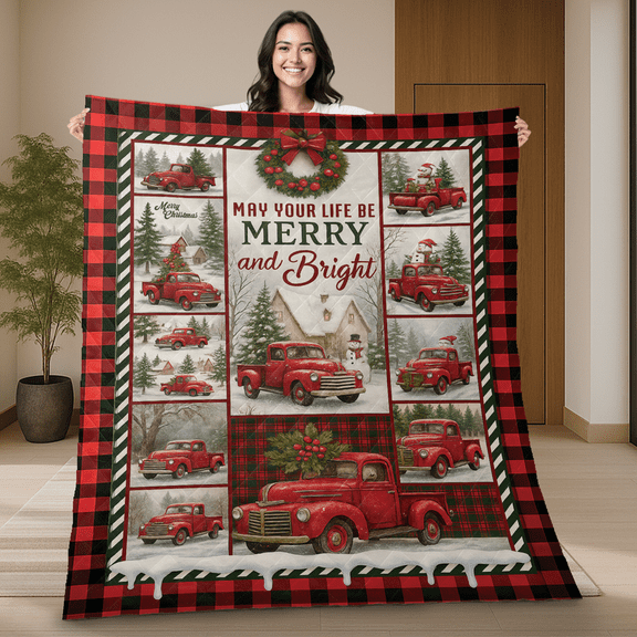 Vintage May Your Life Be Merry And Bright Red Truck Winter Christmas Holiday Quilt Blanket, Snowman Christmas Blanket for Sofa Couch Bed, Farmhouse Xmas Home Décor
