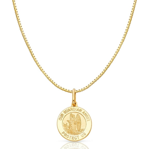 Ioka-14K Yellow Solid Gold Our Guardian Angel Protect Us Religious Charm Pendant with 1mm Box Chain Necklace - 16"