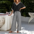 thumbnail image 3 of Pounoo Women's Two Piece Set V Neck Short Sleeve Top and Striped Wide Leg Pants Casual Bohemian Resort Lightweight Airy Comfortable Outfits Gift, 3 of 7