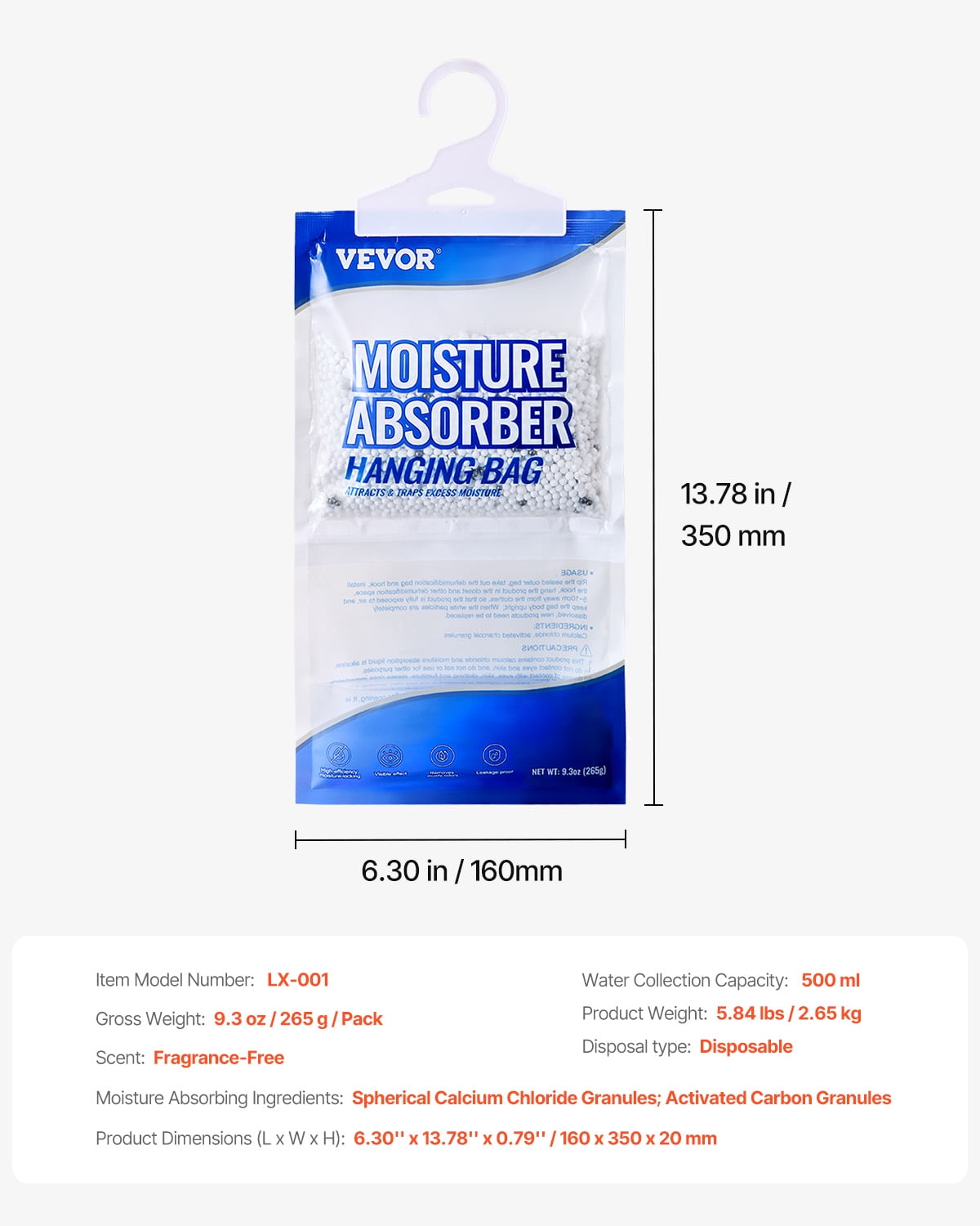 VEVOR Hanging Moisture Absorber, 9.3 oz Hanging Closet Dehumidifier Bags(10 Packs), Fragrance Free Moisture Bags in Wardrobes, Bedrooms, Bathrooms