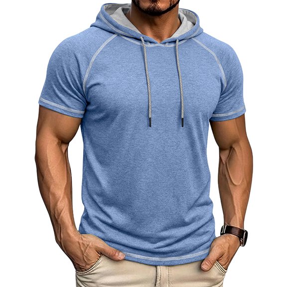 GrmtClth Men's Short Sleeve Hoodie 2026 Workout Gym Sweatshirt Muscle Slim Fit Color-Block Athletic Hoodies Pullover Hooded T-Shirts Light Blue XL