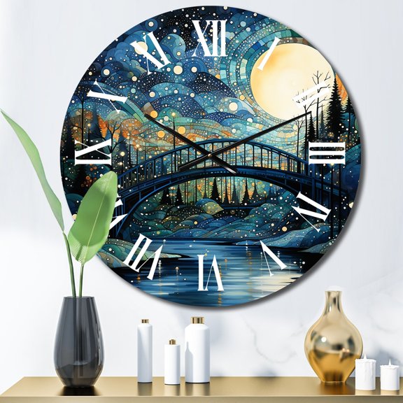 Designart "Blue Bridge Flowing Connections Pointillism II" Pointillism Oversized Wall Clock