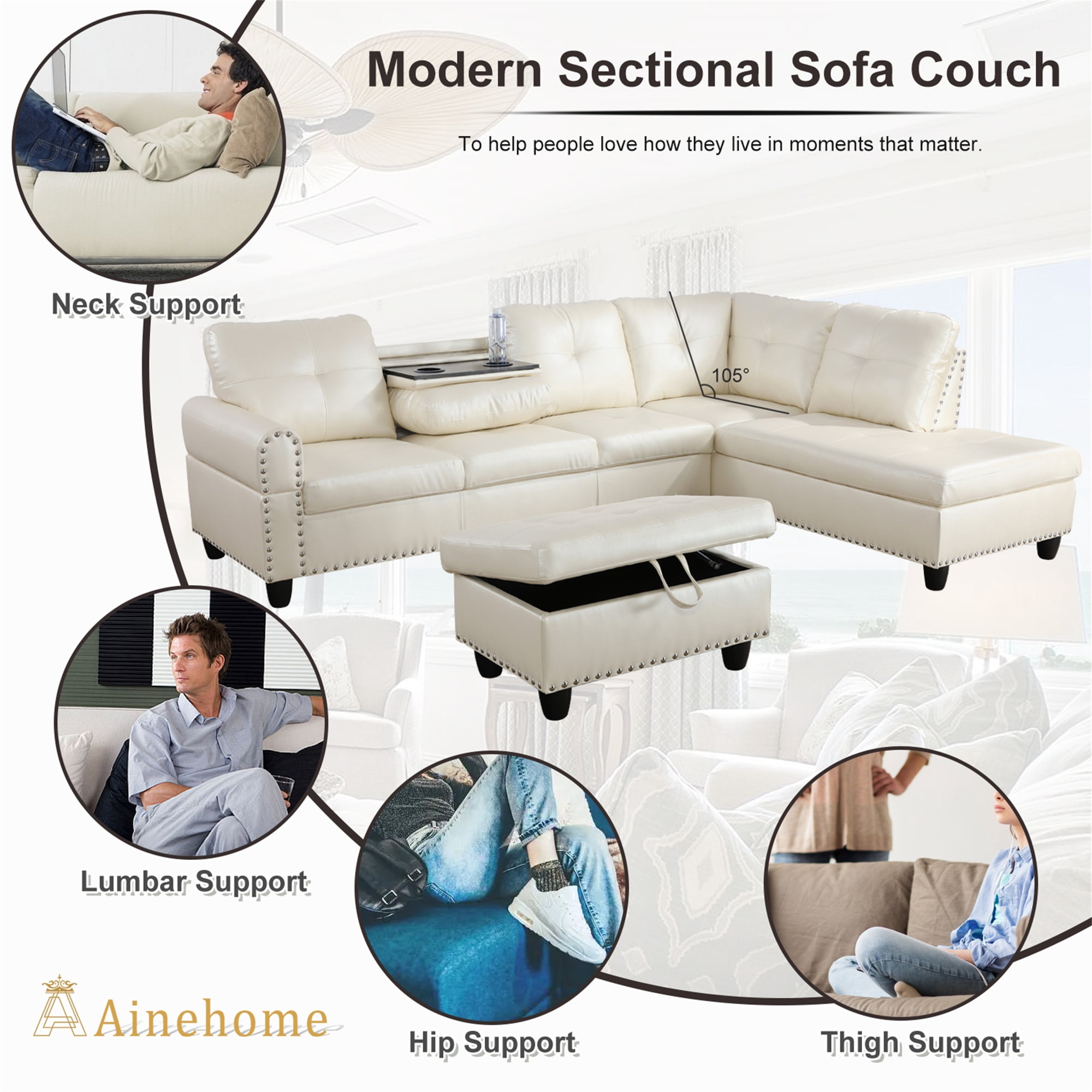 Aukfa 96" Leather Sectional Sofa with Storage Ottoman for Living Room, 2 Cup Holders, Right Facing Chaise, White
