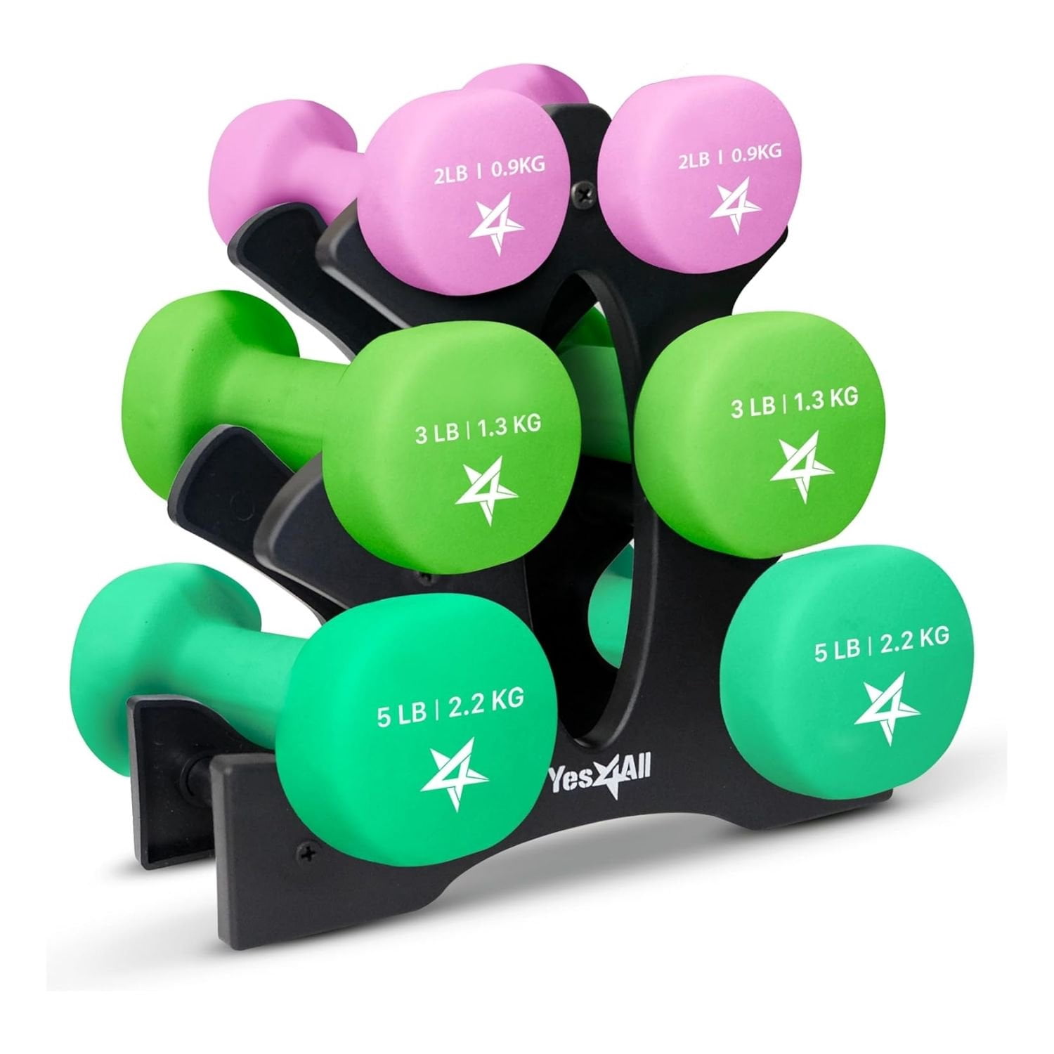 PRISP Dumbbell Set With Stand - 3 Pairs Of Neoprene Coated Free Weights (Choose Your Weight Set)