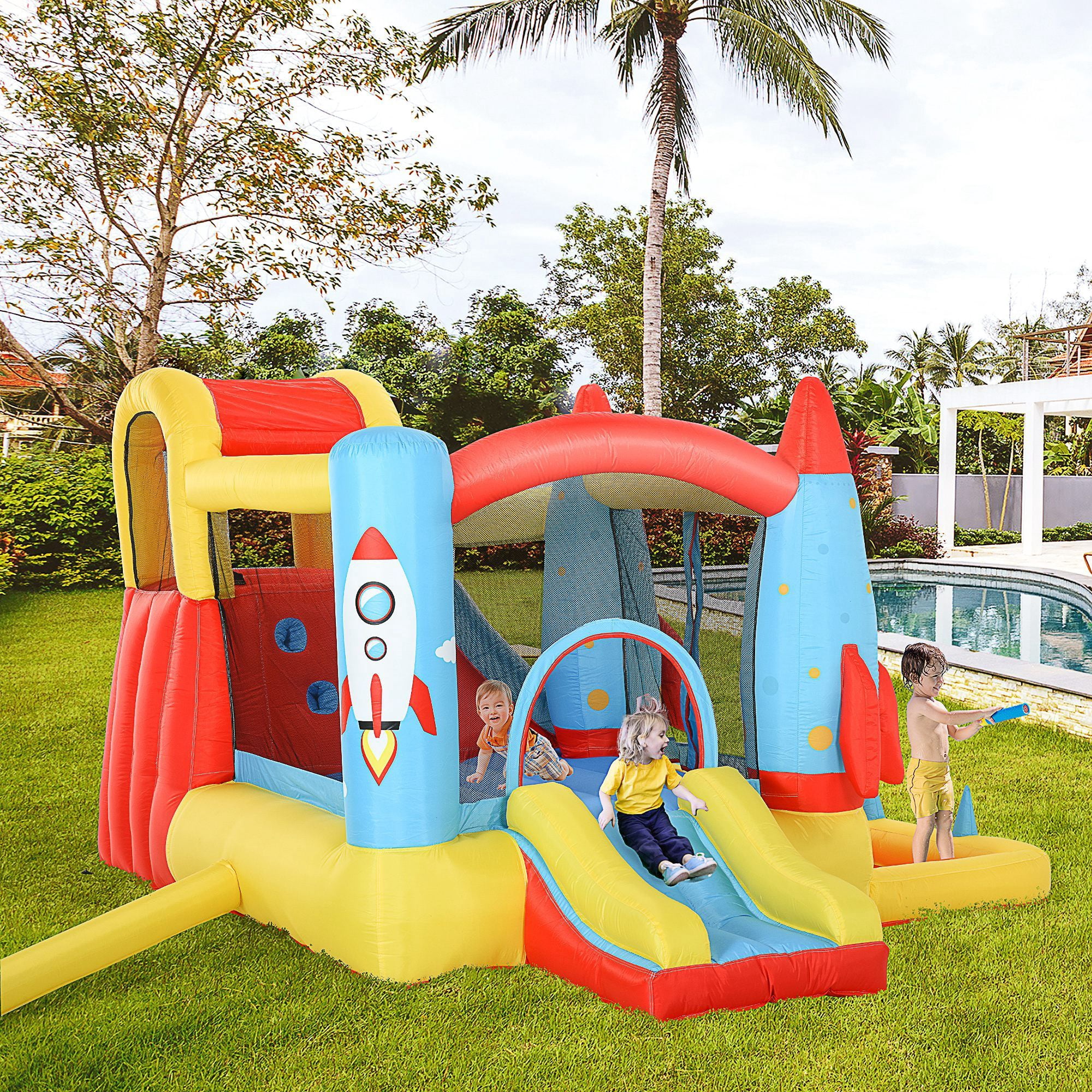 Large Inflatable Bounce House 4-in-1 Bouncy Castle with Dual Slides Climbing Wall Trampoline and Water Pool for Endless Fun