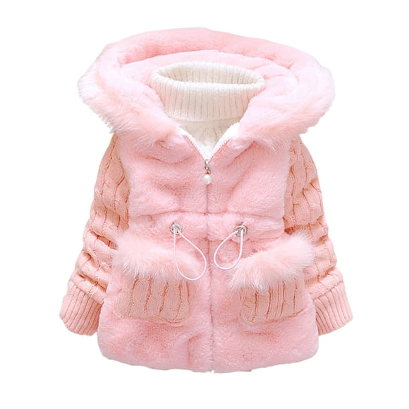 Primegos Children Cotton Coat Thick Plush Knitted with Hood Cold-proof Zip-up Jacket with Pockets Slim Fit Velvet Lining Cold Weather Outerwear Toddler Baby Winter Coat