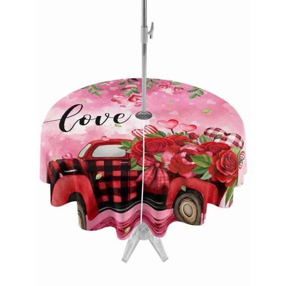 Outdoor Tablecloth with Umbrella Hole and Zipper, Valentine's Day Round Table Cloth 54 Inch Waterproof Tablecloth, Red Plaid Truck Love Roses Leaves Pink Picnic Table Cover for Patio Camping
