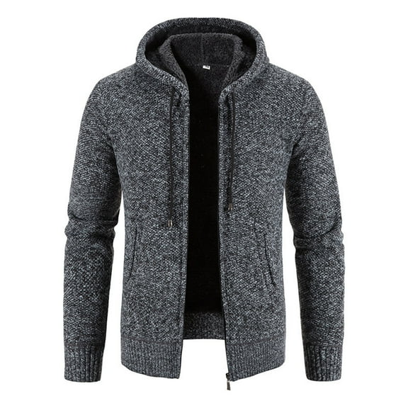 Domuza Mens Full Zip Hoodie Long Sleeve Casual Fleece Lined Knit Cardigan Sweater Fall Winter Classic Fit Drawstring Hooded Sweatshirt Dark Gray 2XL