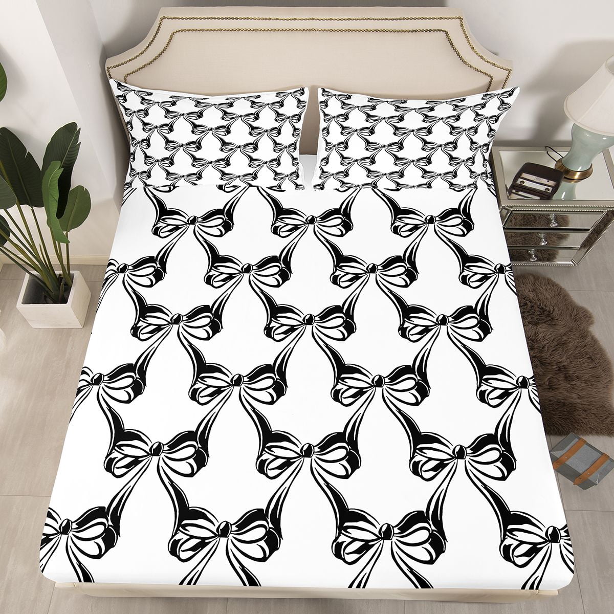 Homewish Black Bowknot Twin Sheet Sets,Cartoon Bowtie Print Twin Fitted Sheet,Bowtie Bow Ribbon 03 For Girls,Microfiber Bedroom Decor,3 Pieces