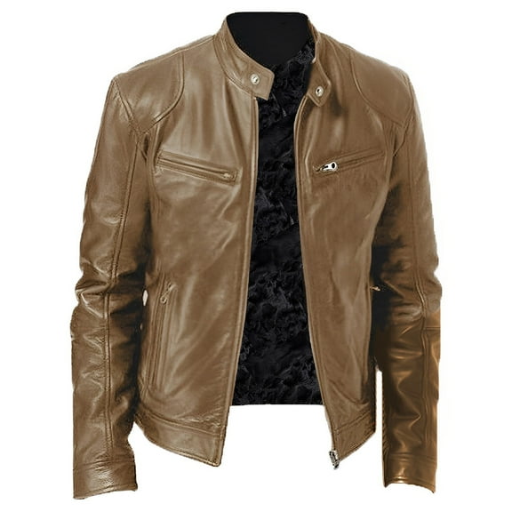 Kureaily Men's Leather Jacket Stand Collar PU Leather Outwear Coat