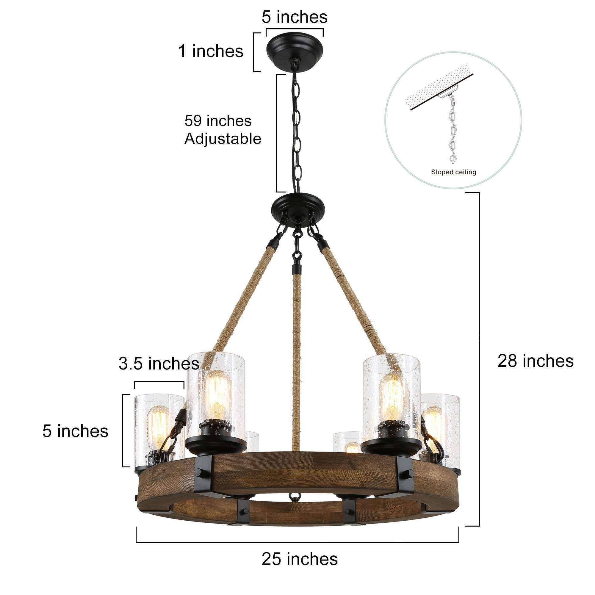 LNC 6-Light Distressed Wood and Black Wagon Wheel Chandelier with Seeded Glass