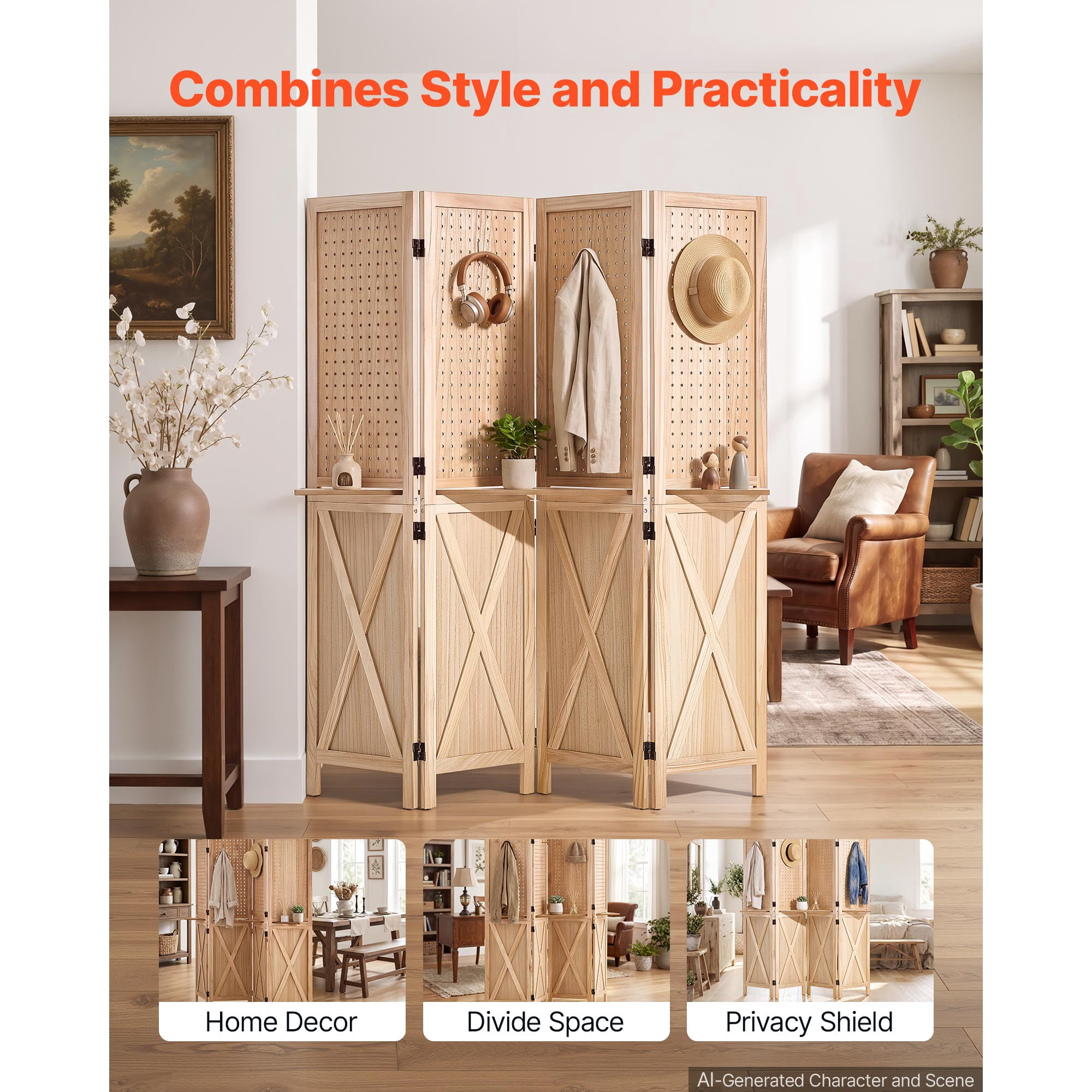 KFFKFF Wooden Room Divider Pegboard Folding Privacy Screen with Shelves, Ideal for Room Separation and Home Decoration, 4 Panels, Sturdy Frame with X Design, 360° Dual-Directional Hinges