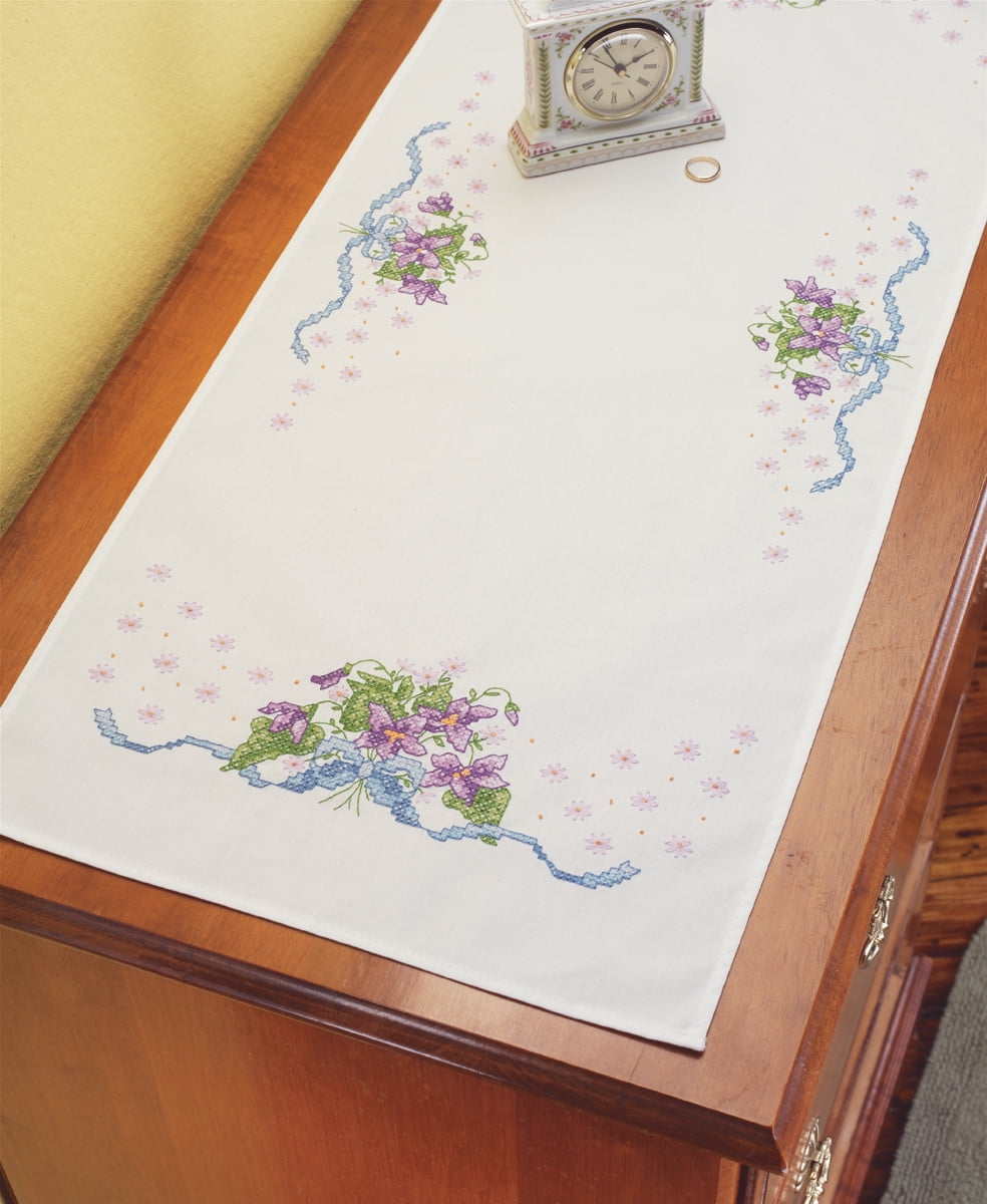 Stamped for Embroidery Table Runner//Dresser Scarf Daisies /& Violets