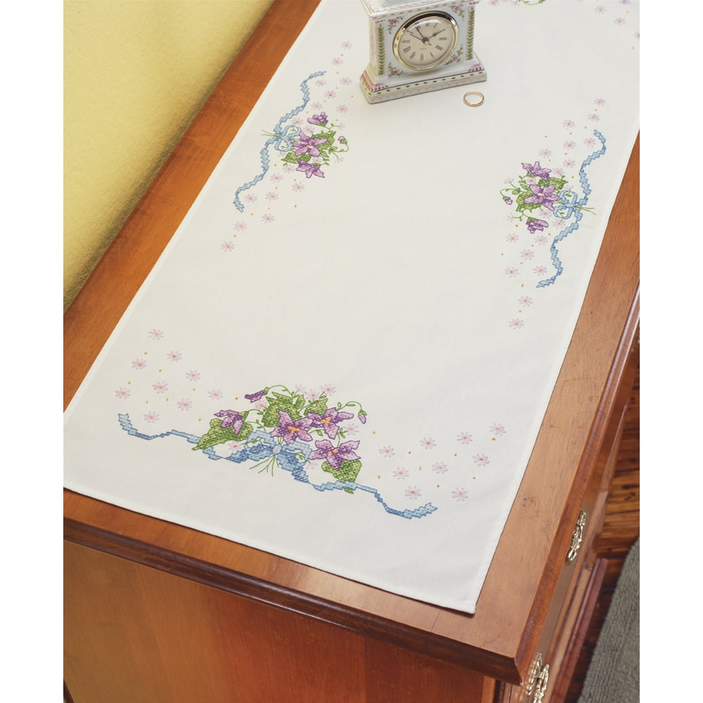 Stamped Cross Stitch Dresser Scarf 14"X35"Violets