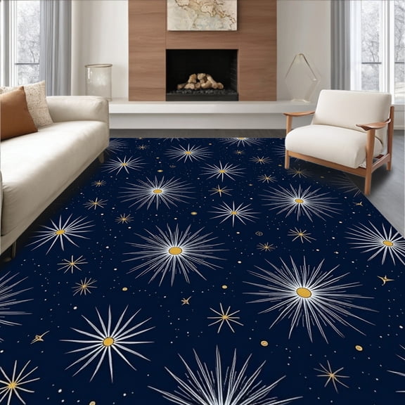 ODIKA 4'x6' Machine Washable Non-Slip Area Rug, Celestial Constellation Abstract with Starburst Motifs High Traffic Rug, Blue, 495375
