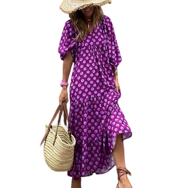 Vestido Vestido de media manga para mujer, vestido de playa bohemio, vestido elegante informal de algodón 2023 Ygjytge Púrpura T L para Mujer