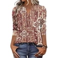 thumbnail image 3 of Boho Print Blouse for Women, V-Neck 3/4 Sleeve Tunic Top with Button Detail - Loose Fit Bohemian Casual Shirt for Fall & Winter Deep Red M, 3 of 7